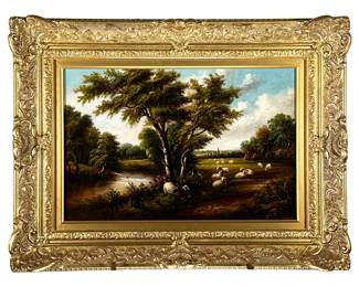 HENRY HEWITT (BRITISH, 1818-1879) | “Shepard at rest”. Oil on canvas. 12 in. X 18 in. Showing Shepard and Shepard dog resting beneath the shade of a tree by a creek with sheep grazing and resting in the distance. Signed “H. Hewitt” lower right. - l. 24.5 x w. 2.5 x h. 18.5 in
