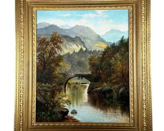 EDGAR LONGSTAFFE (BRITISH, 19TH CENTURY | "Riverscape with bridge". 24 x 20 in., stretcher. Oil on canvas. Showing figure on stone bridge in riverscape scene. Initialed "EL" lower left. In a gilt carved frame. - w. 28.5 x h. 32.5 in (frame)