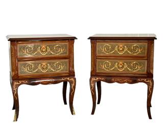 PAIR ITALIAN BESPOKE MARQUETRY NIGHTSTANDS | Modern Italian marquetry two-drawer commodes. - l. 14 x w. 21 x h. 27 in
