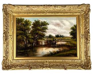 HENRY HEWITT (BRITISH, 1818-1879) | “waiting at the canal”. Oil on canvas. 12 in. X 18 in. Showing 2 men sitting on the lock of an irrigation canal with cows grazing in the distance Signed “H. Hewitt” lower right. - l. 24.5 x w. 2.5 x h. 18.5 in