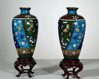 PAIR CHAMPLEVE ENAMEL VASES | Each decorated with colorful reserves of butterflies and flowers. - h. 7 x dia. 4 in (vase only)