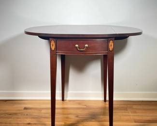 HICKORY CHAIR PEMBROKE TABLE | Part of the James River Collection with drop sides, single drawer with fan in lays at the corner on straight tapering legs. - l. 28 x w. 19 x h. 28 in