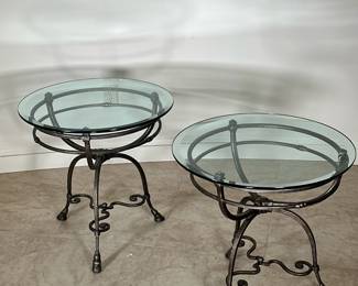 (2PC) PAIR BERNHARDT DESIGN SIDE TABLES | Round beveled glass top side tables with circular iron ring base leading to wrought iron legs with twisted stretcher. - h. 24 x dia. 24 in