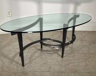 CHARLESTON FORGE COCKTAIL TABLE | Oval glass top coffee table with modern wrought iron base by Charleston Forge. - l. 50 x w. 26 x h. 18 in