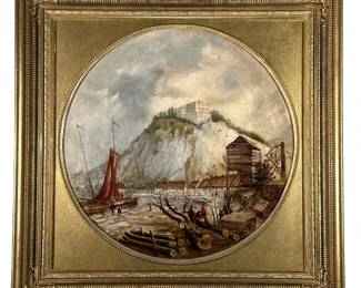 BRITISH SCHOOL PAINTING IN TONDO | "Winter landscape". Día 17 in., sight . 18 x 18.25 in. total. Oil on canvas. Showing winter landscape with figures in a harbor town. Signed "JHK" lower right, in a gilt frame. -  w. 24 x h. 24 in