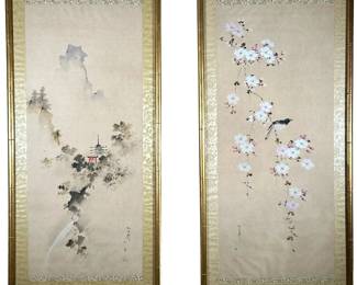 (2PC) CHIGYOKEN ISSHI CALLIGRAPHY PAINTINGS | Paintings on silk Including a mountain scene with pagoda, and a bird on flowering branches. -  w. 18 x h. 38.5 in (frame)