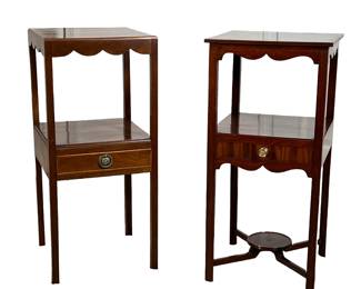 (2PC) GEORGE III STYLE MAHOGANY BEDSIDE TABLES | Having a square top with scalloped apron over and open shelf with medial drawer, antique brass ring poles, and cockbeading on straight square legs. - l. 14 x w. 14 x h. 31 in