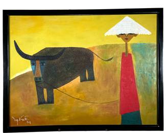 NGUYEN TUAN KHOI VIETNAMESE SCHOOL | "Buffalo Boy". Oil on canvas. 60cm x 80cm. Signed lower left and dated "04" with gallery and artist information on verso. - w. 33.25 x h. 25.25 in (frame)