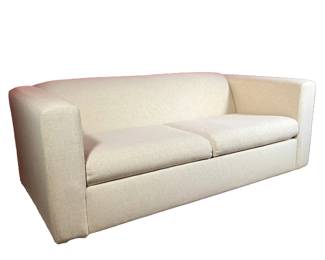 BEIGE 2 CUSHION SLEEPER SOFA | Has grooved textured fabric with pullout Sealy sleeper bed (never used) -  l. 72 x w. 36 x h. 27 in