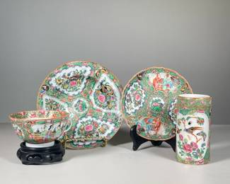 FAMILLE ROSE PORCELAIN | Including: Rose Medallion porcelain tea cup and saucer, and Rose Medallion porcelain brush pot and bowl, both painted with figural, bird and flower reserves. - h. 2 x dia. 7 in (bowl)