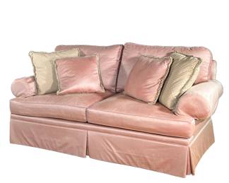 HENREDON 2 CUSHION SOFA | Light pink sofa with diamond stitching from the Henredon Upholstery Collection with pink and champagne throw pillows. -  l. 82 x w. 36 x h. 38 in