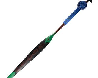 JERRY LAKTONENE ALUTIIQ CEREMONIAL PADDLE | Hand painted Alutiiq ceremonial paddle, 1st place winner from the 2002 81st Annual Santa Fe Indian Market by the Southwestern Association for Indian Arts. Signed "J.J.L" and dated "6.02". - l. 60 x w. 4 in