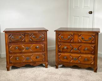 (2PC) PIERRE DEUX HENREDON NIGHTSTANDS | Pair of Pierre Duex French Country  by Henredon night stands with 3 drawers and brass pulls. - l. 28 x w. 18 x h. 26 in