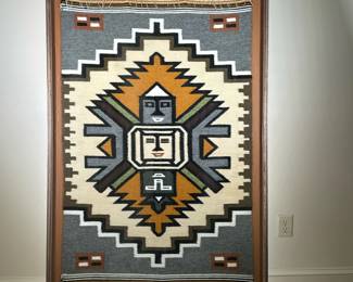 FRAMED WEAVING | Large central medallion on gray background. - w. 33 x h. 52 in (frame)