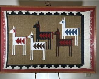 FRAMED ALPACA WEAVING | Showing five alpacas on beige background with black and white border. -  w. 43 x h. 30 in (frame)