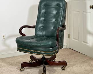 HANCOCK & MOORE LEATHER OFFICE CHAIR | Colonial fern green leather office chair by Hancock & Moore with riveted leather border and mahogany arms and legs. - l. 27 x w. 22 x h. 44 in