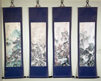 (4PC) CHINESE PAINTED PAPER SCROLLS | 35 x 12 in., each subject. Depicting figures and buildings in a mountainous landscape. - w. 18.5 x h. 56 in (each overall)