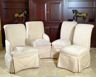 (4PC) JESSICA CHARLES DINING CHAIRS | With sensuede chamois fabric with green and red diamond stitched pattern. - l. 29 x w. 26 x h. 39 in (armchair)