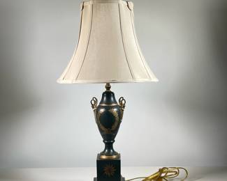 COMPOSITION LOUIS XVI STYLE LAMP | Composition lamp with pleated shade leading to urn with wreath decoration and swan neck handles over square base. - h. 30.5 x dia. 15 in