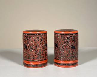 (2PC) PAIR ELEPHANT LACQUERED CYLINDERS | h. 4.5 x dia. 3 in
