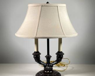 BRASS CANDLESTICK LAMP | Brass lamp with 2 candlestick light fixtures. - l. 17 x w. 12 x h. 22 in