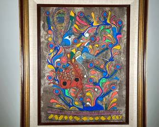 MIXED MEDIA ETHNOGRAPHIC PAINTING | 23.5 x 17.5 in., sight. Mixed media on paper. Showing birds and other animals among a colorful background. - w. 26 x h. 32 in