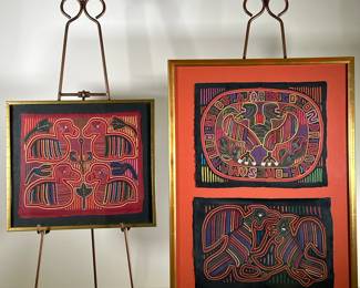 (2PC) FRAMED COLOMBIAN PATCHWORK | Showing colorful animals. - w. 23.5 x h. 32.5 in (largest)