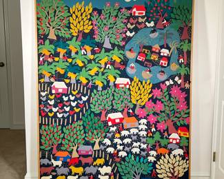 COLOMBIAN APPLIQUÉ PANEL | Bogota, 20th/21st c. Depicting figures at various pursuits in a fruitful landscape. -  w. 53 x h. 70 in