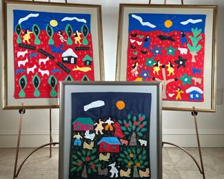 (3PC) COLOMBIAN APPLIQUÉ PANELS | Showing animals, figures, farmhouses, and landscapes. - w. 21 x h. 22 in (each frame)