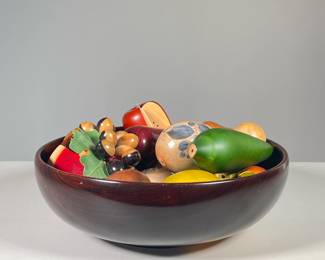CARVED WOOD FRUIT & VEGETABLE BOWL | Turned wood bowl filled with painted and carved wood fruit and vegetables including: grapes, an apple, corn, avocado, olives, and more. -  h. 4 x dia. 12.5 in (bowl)