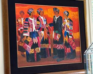 AFRICAN PAINTING | Showing men and women dressed in traditional African garb, signed and dated upper right NOTE: Update listing with dimensions once painting is taken down and photographed. 