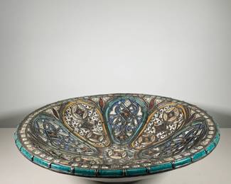 DECORATIVE MORACCAN BOWL | Large Moroccan decorative bowl including semi-precision stones, metals, and intricate glazes. - h. 5.5 x dia. 23.5 in