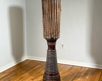 THAI TURNED WOOD PEDESTAL DRUM | Traditional wooden Thai drum with turned pedestal base. - h. 56.5 x dia. 12 in