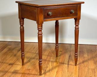 FEDERAL CARVED CHERRY WORK TABLE | Rectangular top above drawer on turned and reeded tapering legs. - l. 23 x w. 17.5 x h. 28.5 in