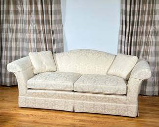 TUXEDO PARK COLLECTION CREAM 2 CUSHION SOFA | 2 cushion cream sofa with wreath stitching from the Tuxedo Park Collection for Bloomingdale’s. -  l. 88 x w. 34 x h. 33 in