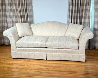 TUXEDO PARK CREAM 2 CUSHION SOFA | Cream sofa with wreath decoration from Tuxedo Park Collection for Bloomingdale’s. -  l. 88 x w. 34.5 x h. 32.5 in