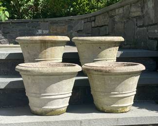 (4PC) NINA STUDIO CONCRETE PLANTERS | Large round concrete planters from Nina Studio, Quakertown PA. - h. 10.5 x dia. 14 in