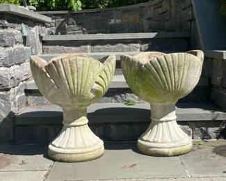 (2PC) PAIR SEASHELL URN PLANTERS | Large concrete planters with pedestal style base and seashell pot. - h. 20 x dia. 16.5 in