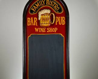 FAMILY BISTRO CHALKBOARD SIGN | “Family bistro Bar Pub Wine Shop” sign with chalkboard back and beer stein reliefs. - l. 15.5 x h. 31.5 in