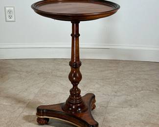 SHERRILL OCCASIONAL MAHOGANY SIDE TABLE | Circular lipped side table with turned stalk and carved feet from Sherrill Occasional. -  h. 25 x dia. 16 in