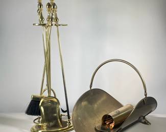 BRASS FIREPLACE TOOLS | Including; poker, shovel, broom, grabber, match container and brass log holder. -  l. 10 x w. 7 x h. 29 in