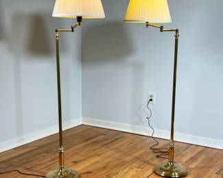 PAIR ADJUSTABLE ARM FLOOR LAMPS | Brass bases with double articulated arms. - h. 54 x dia. 14 in (over shade)