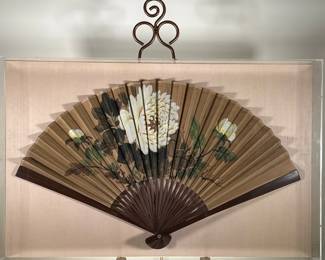 FRAMED PAINTED FAN | Mounted in an acrylic shadowbox frame. -  l. 4 x w. 37.5 x h. 24 in