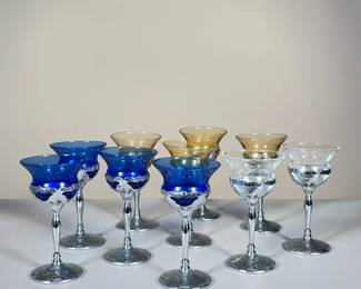 (10PC) COLORED GLASS FARBER BROS WINE GLASSES | Including: 4 blue glass, 4 amber glass, and 2 clear glass wine glasses with etched metal stalk and base, stamped “Farber Bros NYC” on bottom. -  h. 6 x dia. 3.25 in