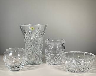 (4PC) WATERFORD & OTHER GLASS | Including a Waterford trumpet vase; a Waterford cookie jar (without lid); an Atlantis rounded vase; plus a pressed low bowl with no mark. - h. 10 x dia. 7 in (trumpet vase)