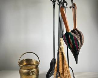 (6PC) CAST IRON FIREPLACE TOOLS | Including; poker, shovel, broom, grabber, bellows, and brass pot with handle. - l. 10.5 x w. 10.5 x h. 32.5 in (tool holder)