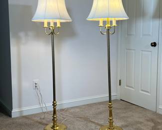 (2PC) PAIR BRASS CANDELABRA FLOOR LAMP | Brass floor lamp with central bulb and 3 candlestick style fixtures hung from curved brass arms. - h. 58 x dia. 18 in