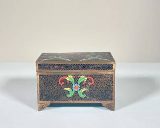DECORATIVE BRASS BOX | Diminutive brass box decorated in colorful swirling pattern with ceramic coat paint on interior. - l. 4.5 x w. 3.25 x h. 3 in