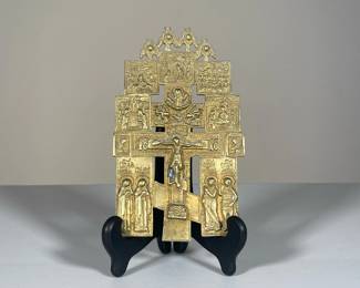 RUSSIAN BRASS ICON CRUCIFIX | Cast with the crucifixion, four saints, scenes from the life of Christ and seraphim. -  w. 4.5 x h. 7.5 in