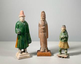 (3PC) CHINESE MUD FIGURES | Polychrome pottery figurines of Officials from Ming & Tang Dynasties . - h. 8.5 in (tallest)